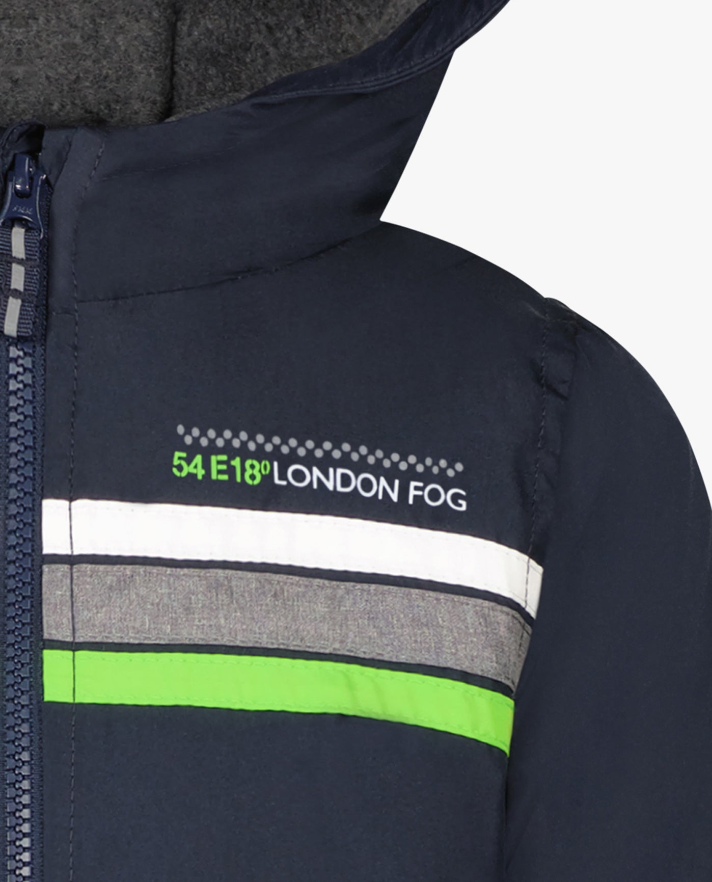 Detail View of London Fog Toddler Boys Zip Front Hooded Sporty Stripe Raincoat | LF NAVY