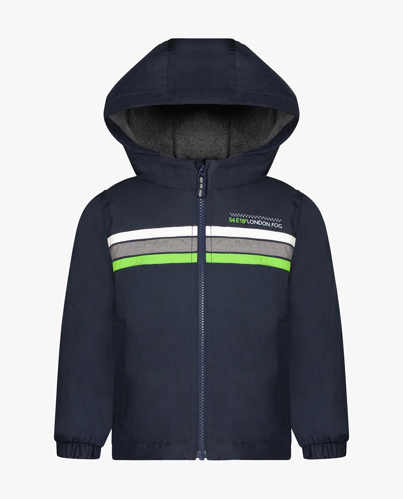 Front View of London Fog Toddler Boys Zip Front Hooded Sporty Stripe Raincoat | LF NAVY
