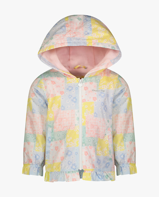 Front View of London Fog Girls Printed Zip Front Hooded Ruffle Raincoat | LF PRINT