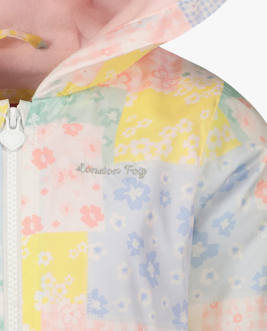 Detail View of London Fog Girls Printed Zip Front Hooded Ruffle Raincoat | LF PRINT