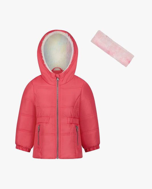 Front View of London Fog Baby Girls Zip-Front Hooded Mid Cinch Puffer | LF FUCHSIA