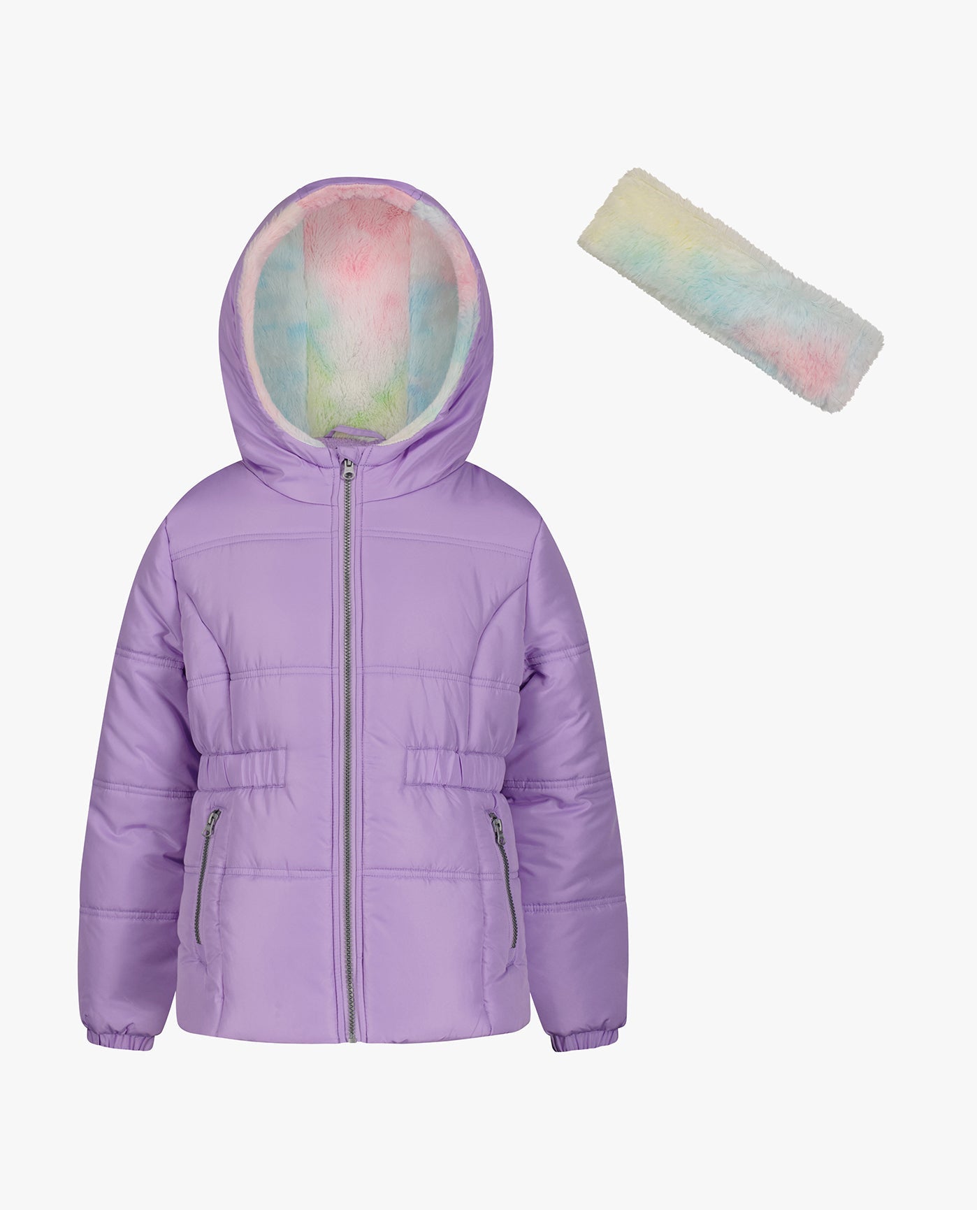 Front View of London Fog Baby Girls Zip-Front Hooded Mid Cinch Puffer | LF LILAC