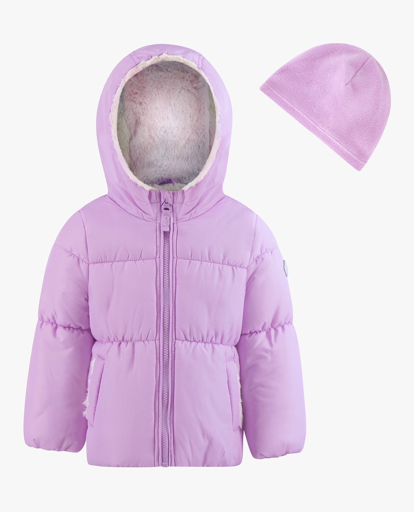 Front View of London Fog Baby Girls Zip-Front Hooded Loose Fit Puffer | LF LILAC