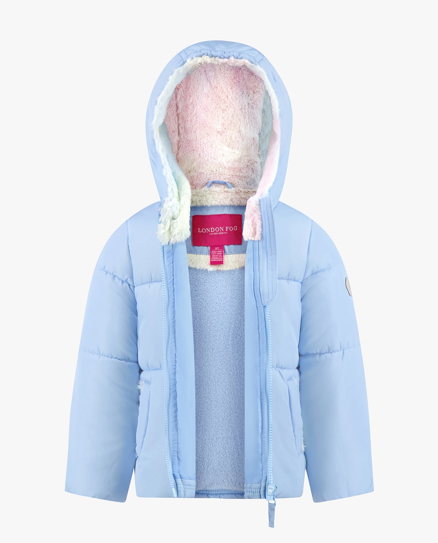 Alternate Front View of London Fog Baby Girls Zip-Front Hooded Loose Fit Puffer | LF LIGHT BLUE