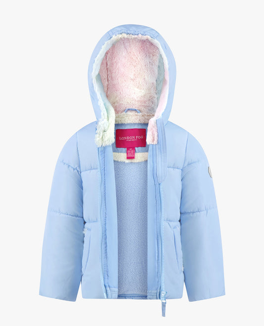 Alternate Front View of London Fog Baby Girls Zip-Front Hooded Loose Fit Puffer | LF LIGHT BLUE