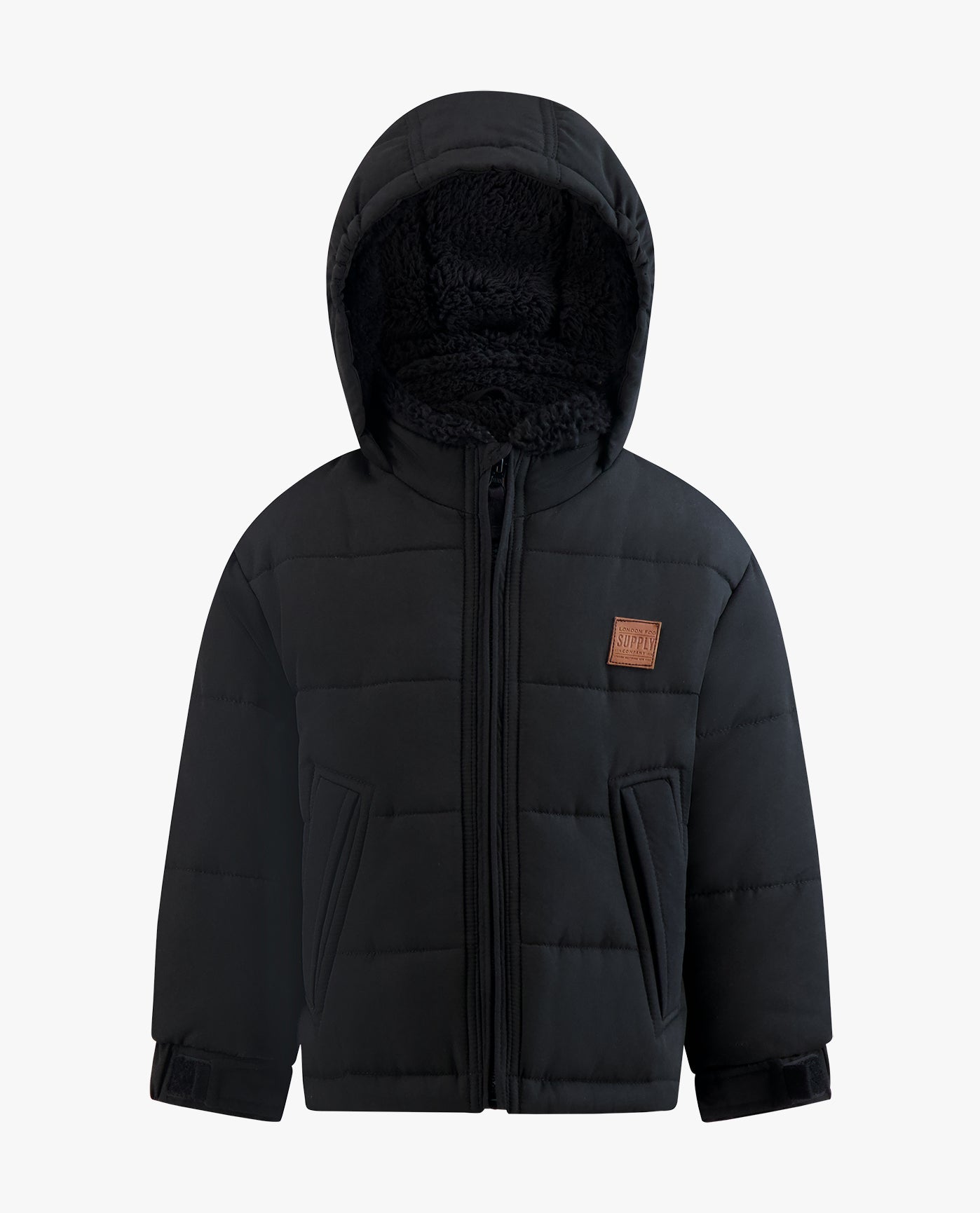 Front View of London Fog Baby Boys Zip-Front Hooded Sherpa Lined Puffer | LF BLACK