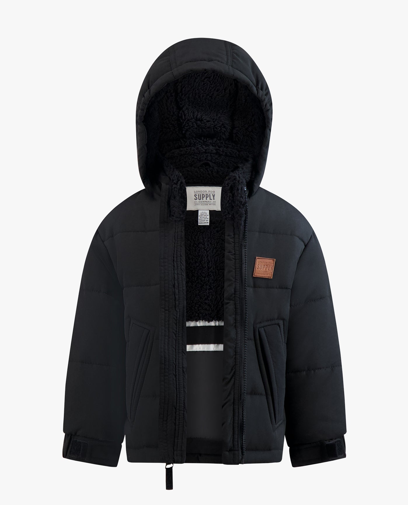 Alternate Front View of London Fog Baby Boys Zip-Front Hooded Sherpa Lined Puffer | LF BLACK