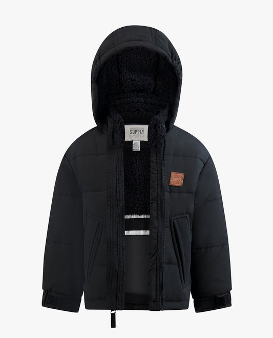 Alternate Front View of London Fog Baby Boys Zip-Front Hooded Sherpa Lined Puffer | LF BLACK