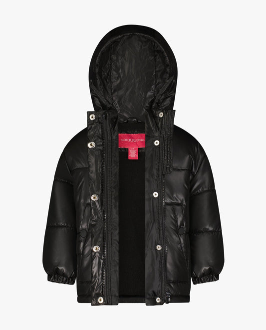Alternate Front View of London Fog Toddler Girls Zip-Front Heavy Weight Puffer | LF BLACK