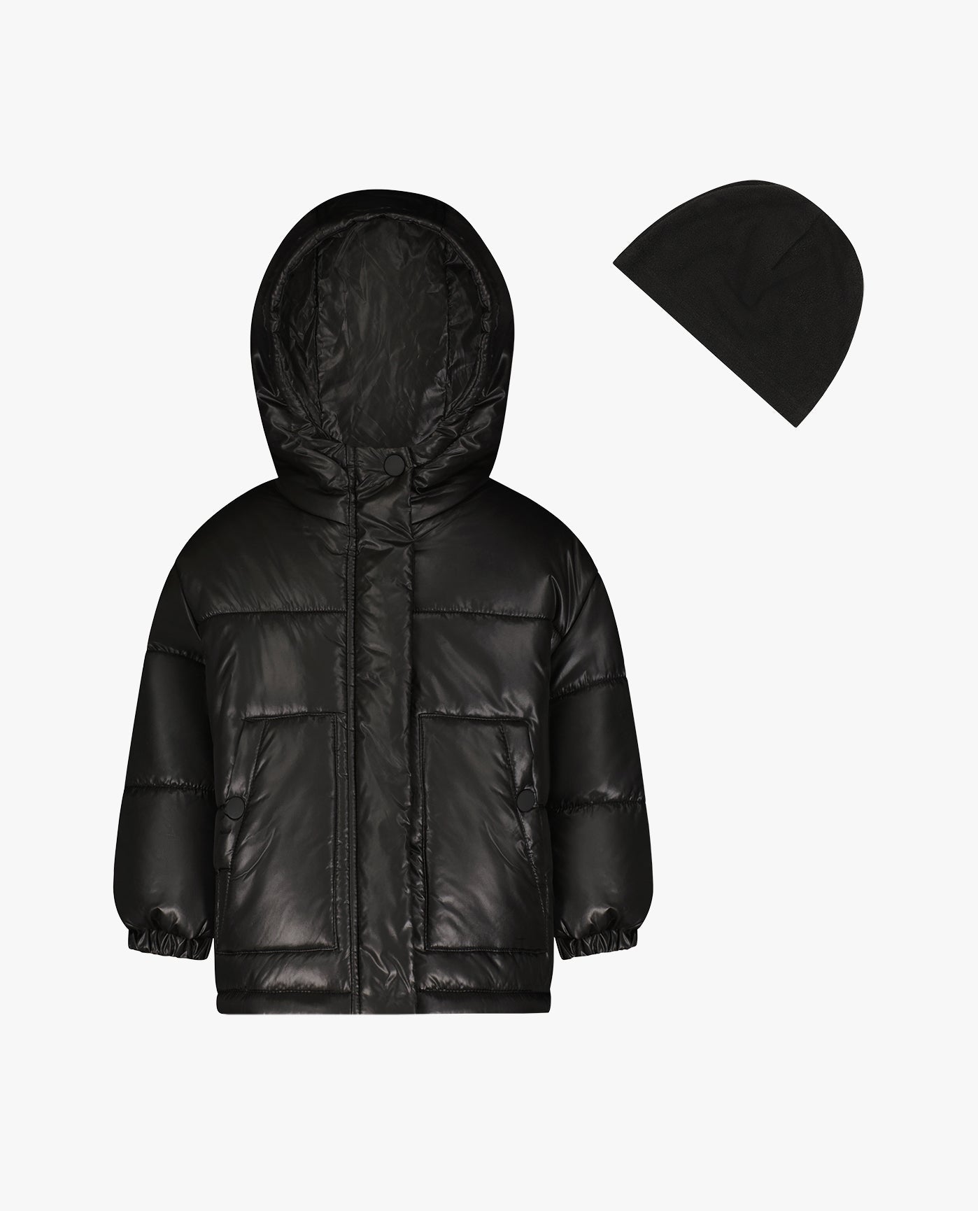 Front View of London Fog Toddler Girls Zip-Front Heavy Weight Puffer | LF BLACK