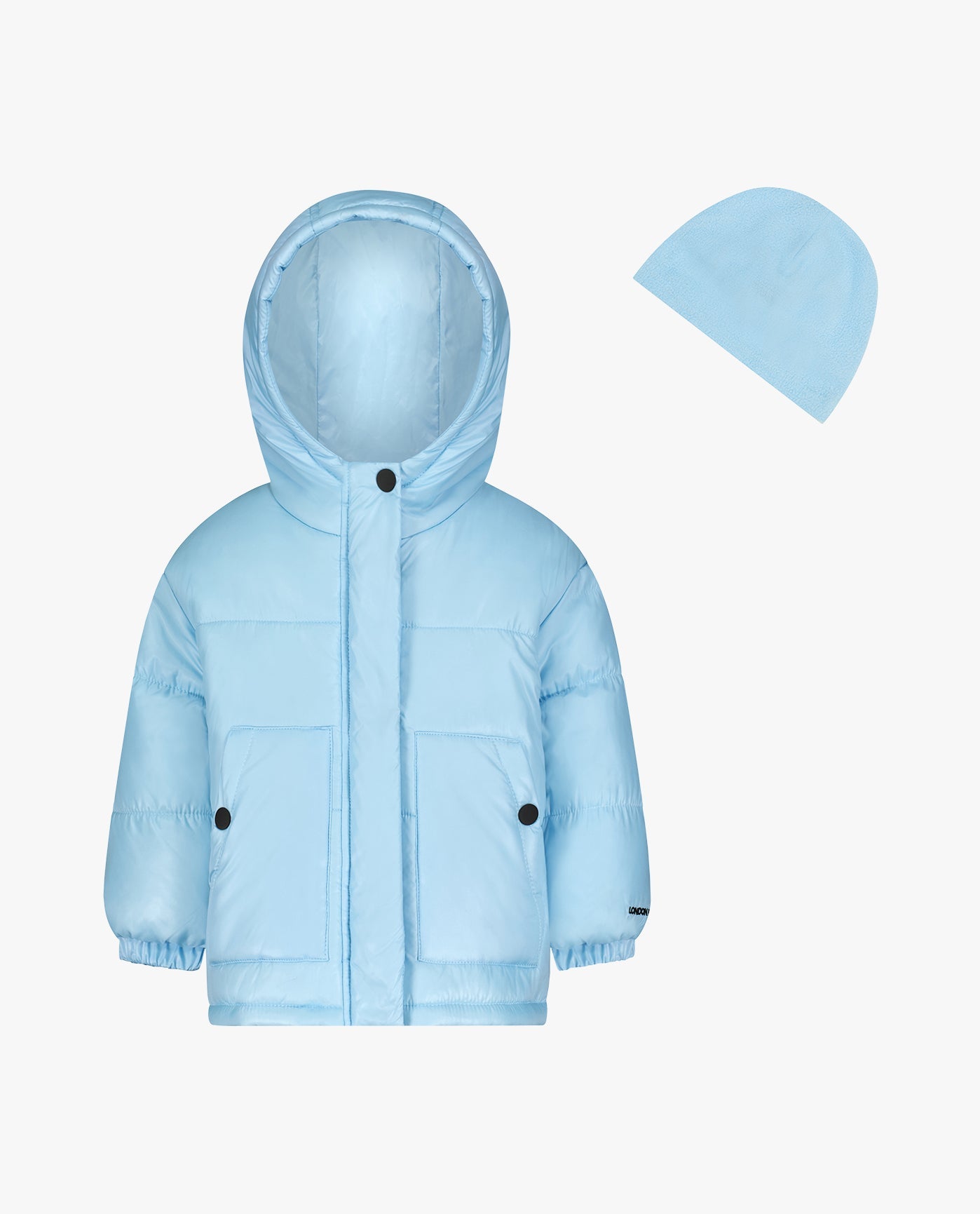Front View of London Fog Toddler Girls Zip-Front Heavy Weight Puffer | LF LIGHT BLUE