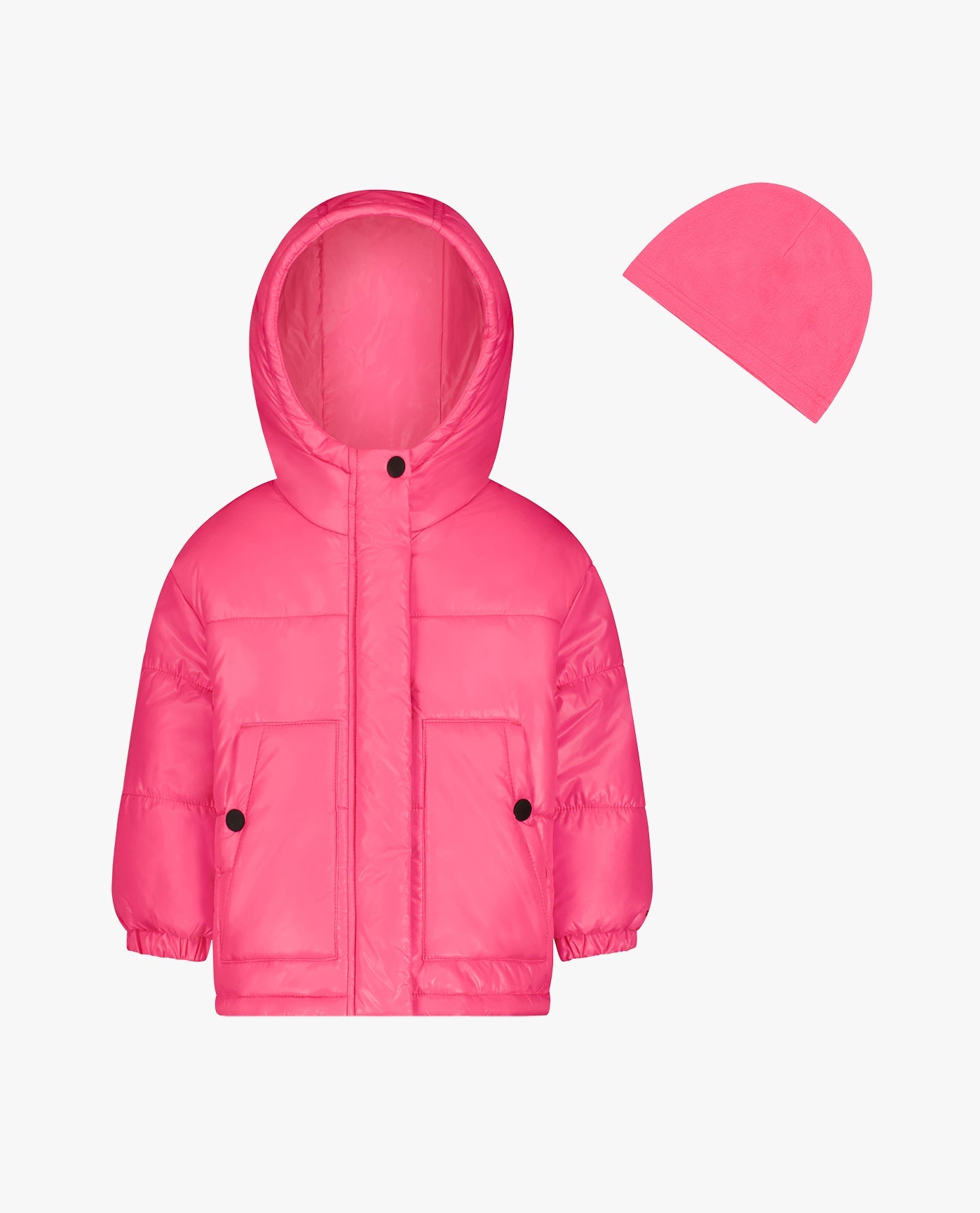 Beanie View of London Fog Toddler Girls Zip-Front Heavy Weight Puffer | LF HOT PINK