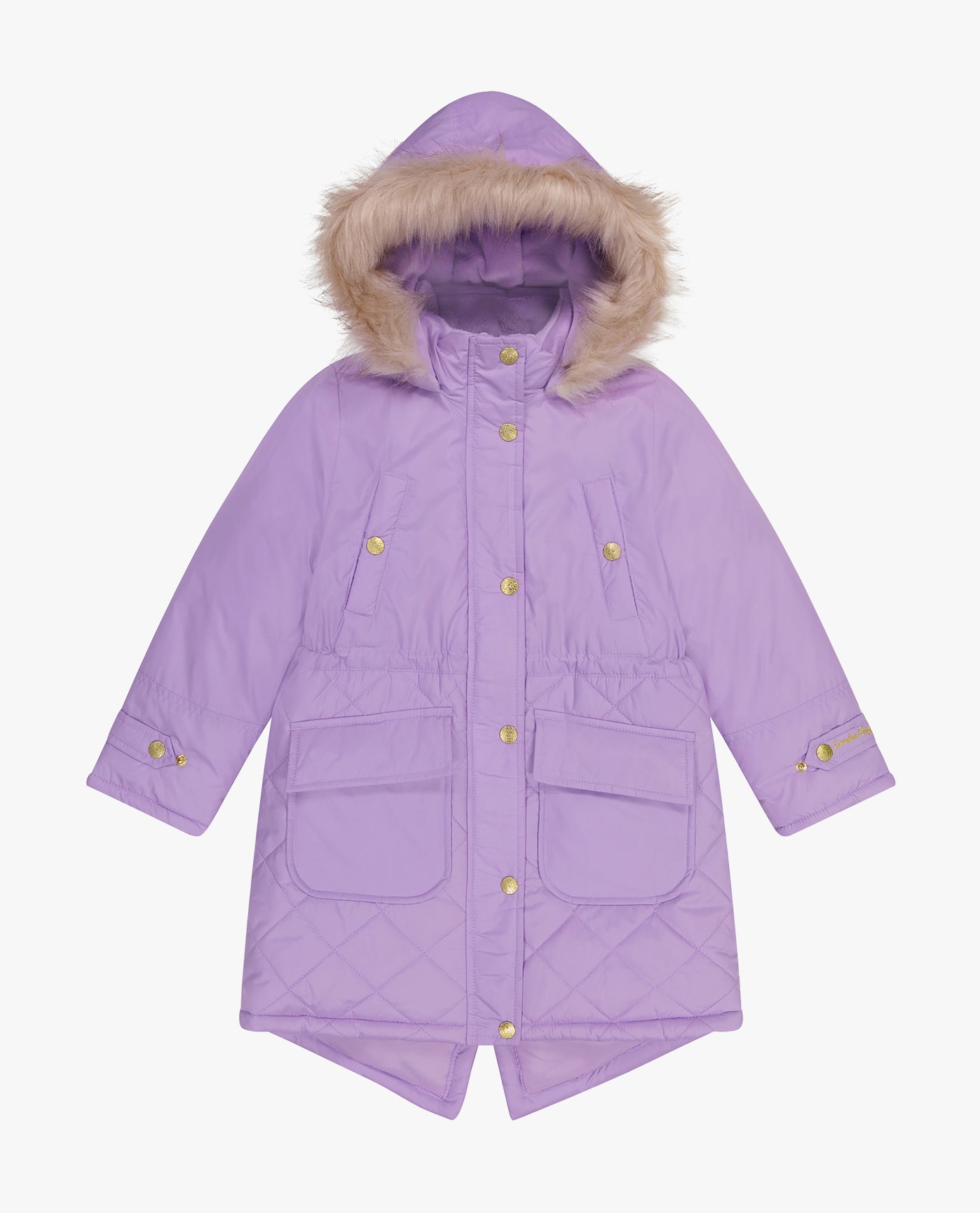 Front View of London Fog Girls Zip-Front Mid Cinch Quilted Parka With Fur Trimmed Hood | LF LILAC
