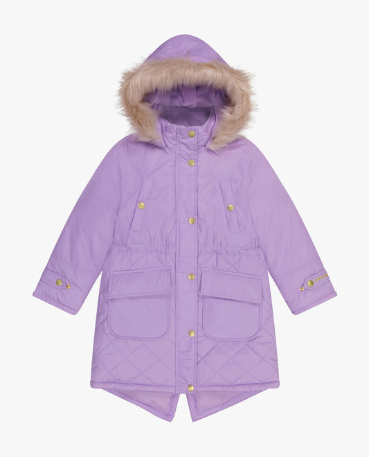 Front View of London Fog Girls Zip-Front Mid Cinch Quilted Parka With Fur Trimmed Hood | LF LILAC
