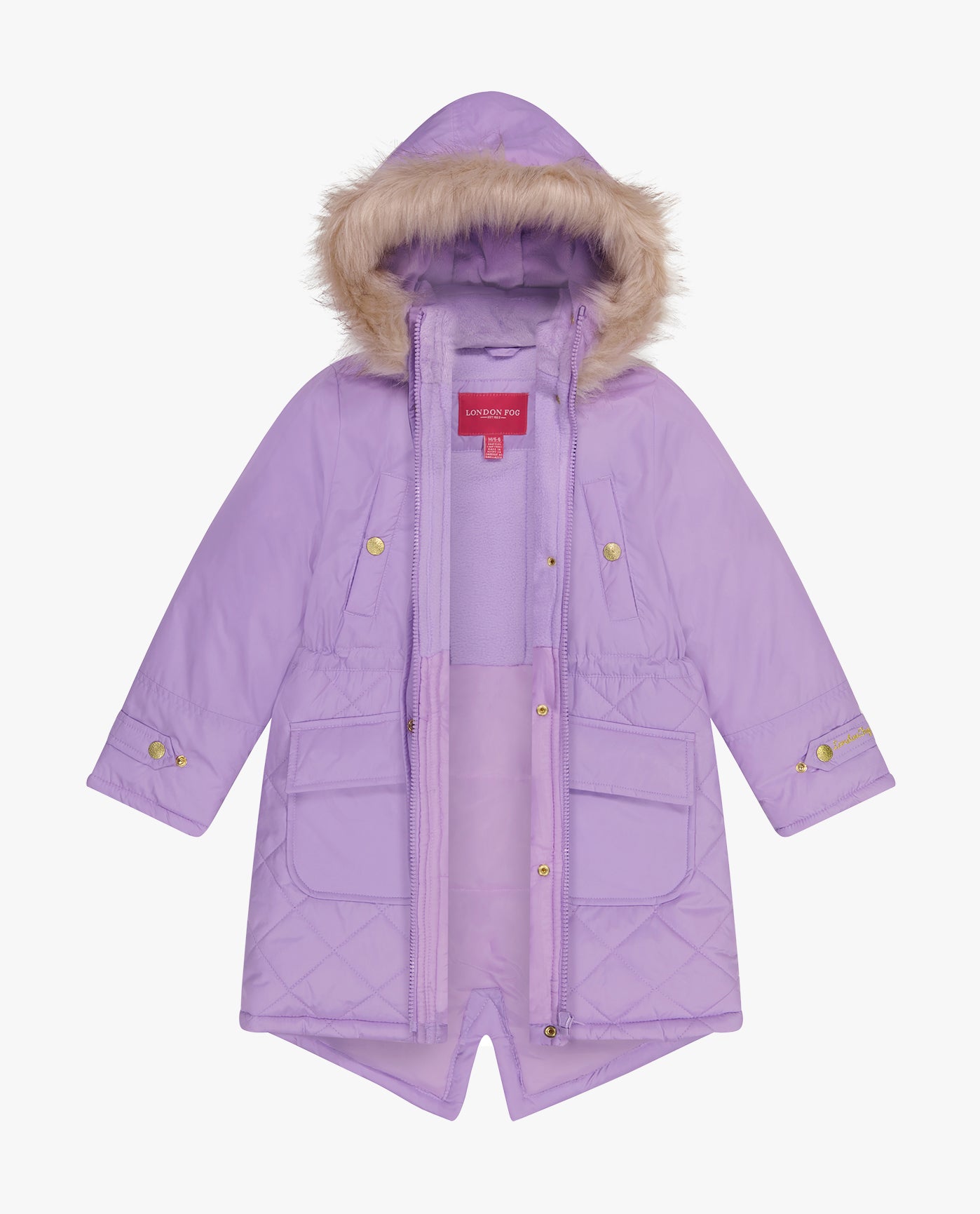 Alternate Front View of London Fog Girls Zip-Front Mid Cinch Quilted Parka With Fur Trimmed Hood | LF LILAC
