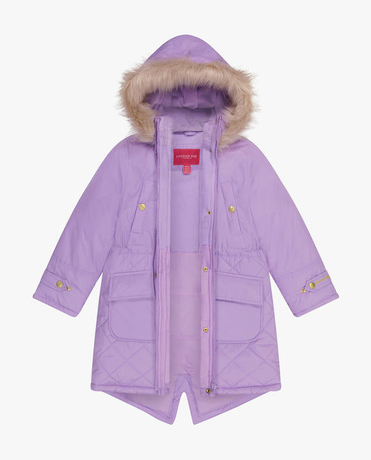Alternate Front View of London Fog Girls Zip-Front Mid Cinch Quilted Parka With Fur Trimmed Hood | LF LILAC
