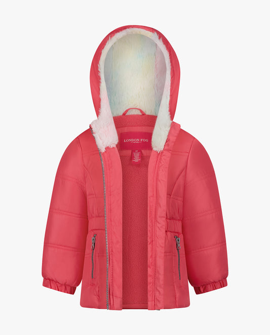 Alternate Front View of London Fog Girls Zip-Front Hooded Mid Cinch Puffer | LF FUCHSIA

