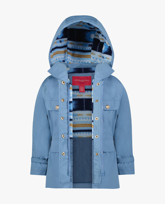 Alternate Front View of London Fog Girls Snap-Front Skirted Trench With Hood | LF BLUE
