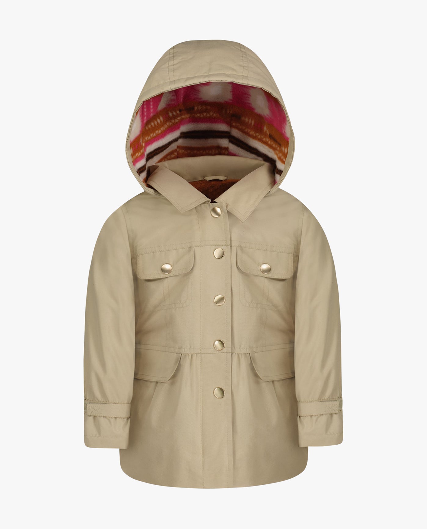 Front View of London Fog Girls Snap-Front Skirted Trench With Hood | LF KHAKI
