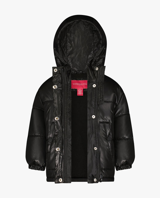 Alternate Front View of London Fog Girls Zip-Front Heavy Weight Puffer | LF BLACK
