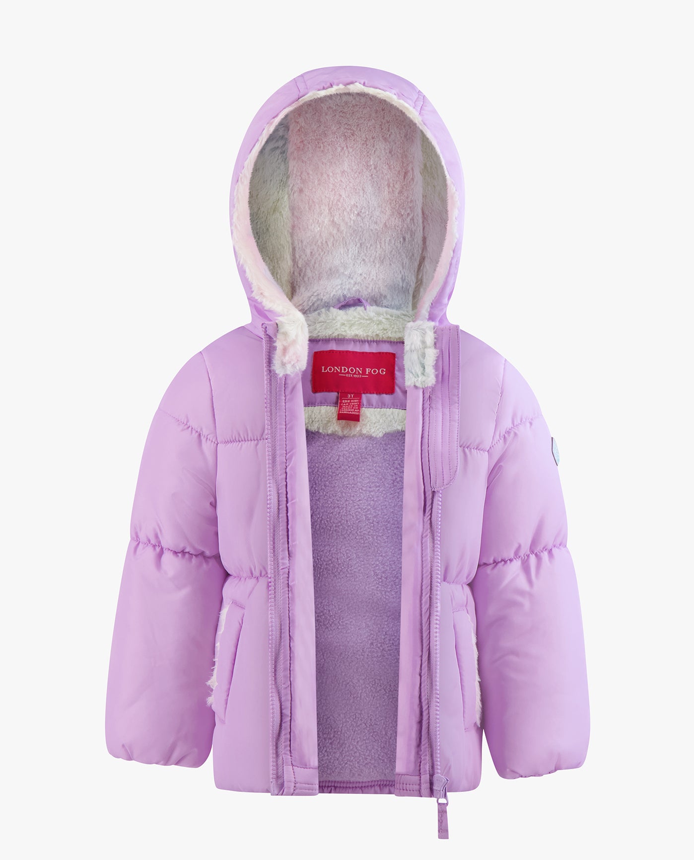 Alternate Front View of London Fog Girls Zip-Front Hooded Loose Fit Puffer | LF LILAC
