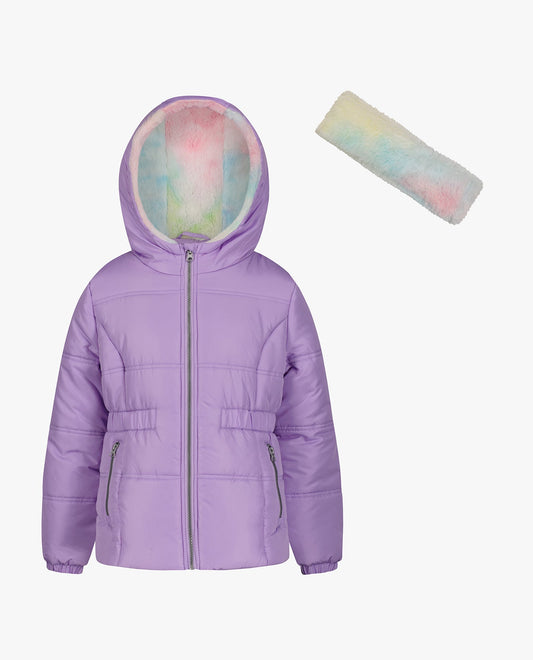Front View of London Fog Big Girls Zip-Front Hooded Mid Cinch Puffer | LF LILAC