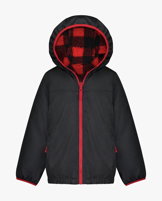 Front View of London Fog Boys Zip-Front Reversible Fleece Lined Hooded Jacket | LF GREY