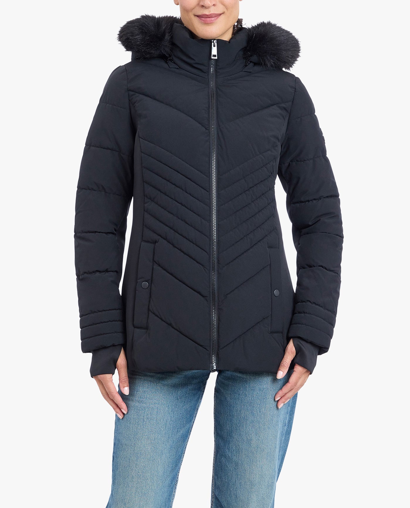 Front View of London Fog Zip-Front Puffer Jacket With Removable Faux Fur Trimmed Hood | LF BLACK