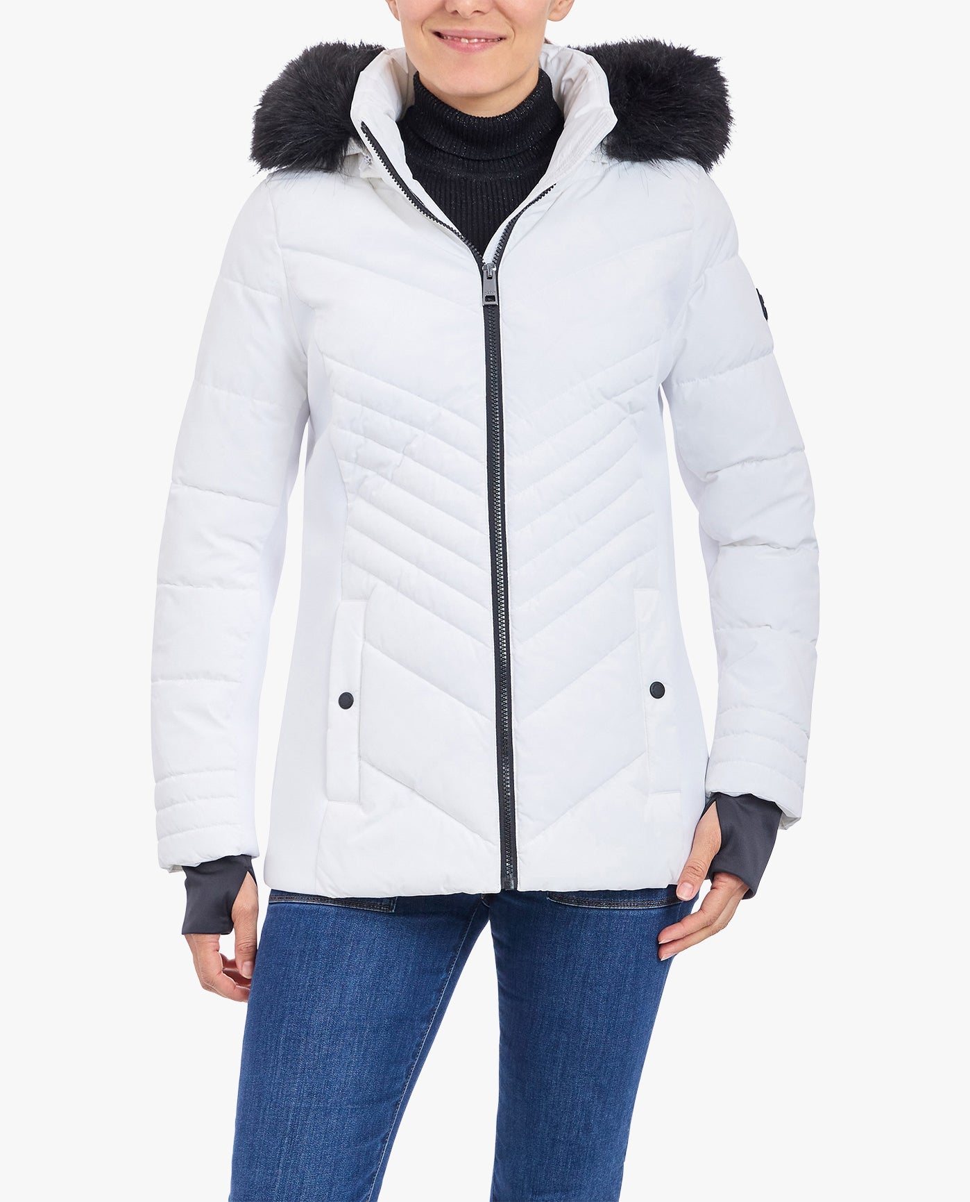 Front View of London Fog Zip-Front Puffer Jacket With Removable Faux Fur Trimmed Hood | LF WHITE
