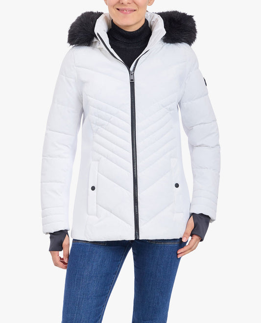 Front View of London Fog Zip-Front Puffer Jacket With Removable Faux Fur Trimmed Hood | LF WHITE
