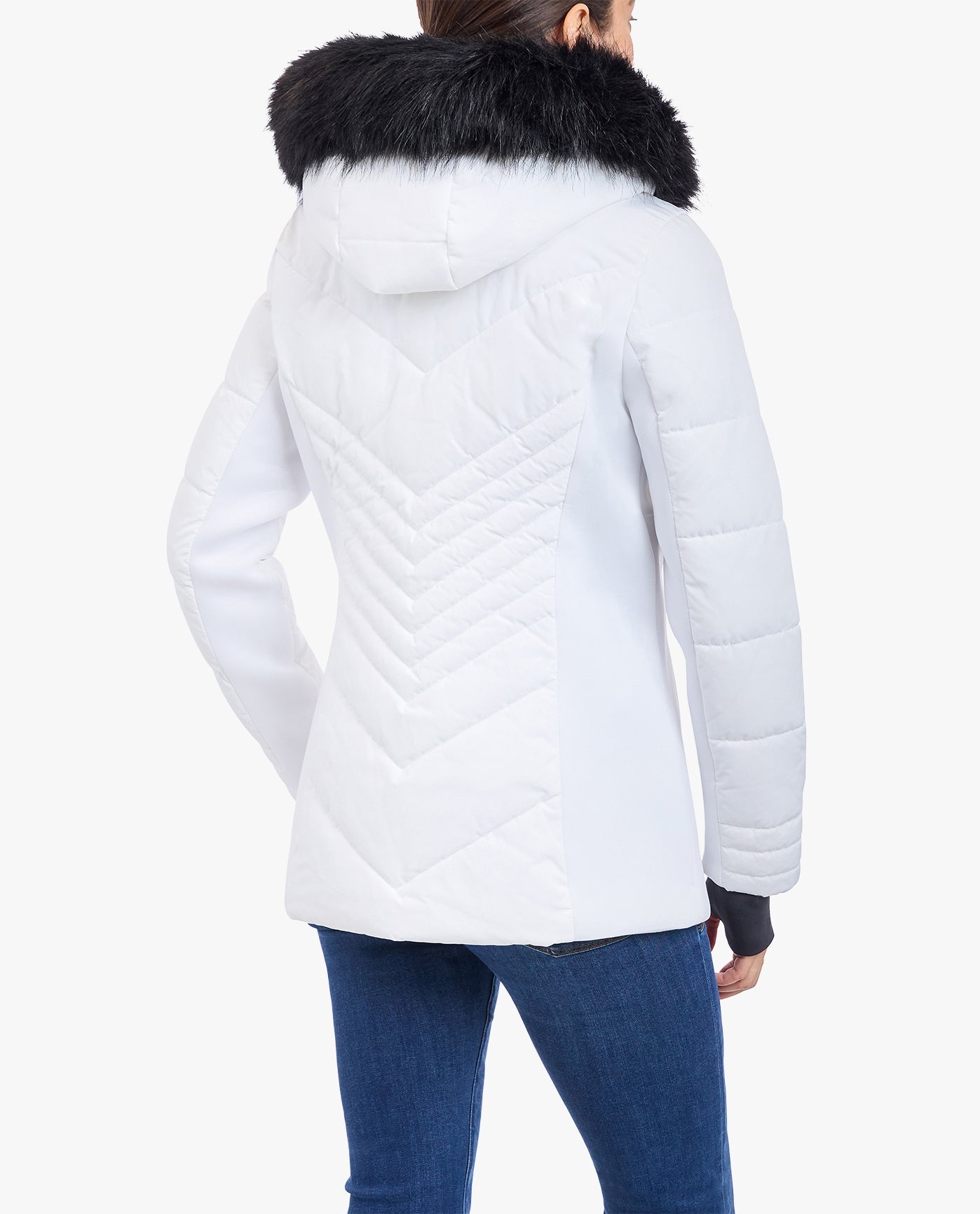 Back View of London Fog Zip-Front Puffer Jacket With Removable Faux Fur Trimmed Hood | LF WHITE