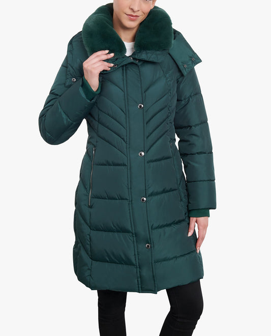 Front View of London Fog Zip-Front Hooded Heavy Weight Puffer Jacket With Button-Off Fur Collar | LF GREEN