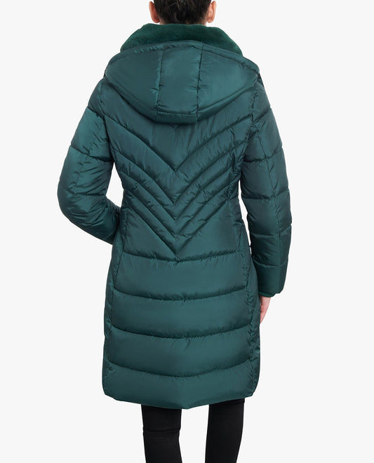 Back View of London Fog Zip-Front Hooded Heavy Weight Puffer Jacket With Button-Off Fur Collar | LF GREEN
