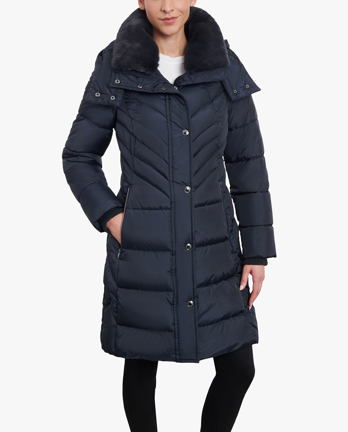 Front View of London Fog Zip-Front Hooded Heavy Weight Puffer Jacket With Button-Off Fur Collar | LF NAVY