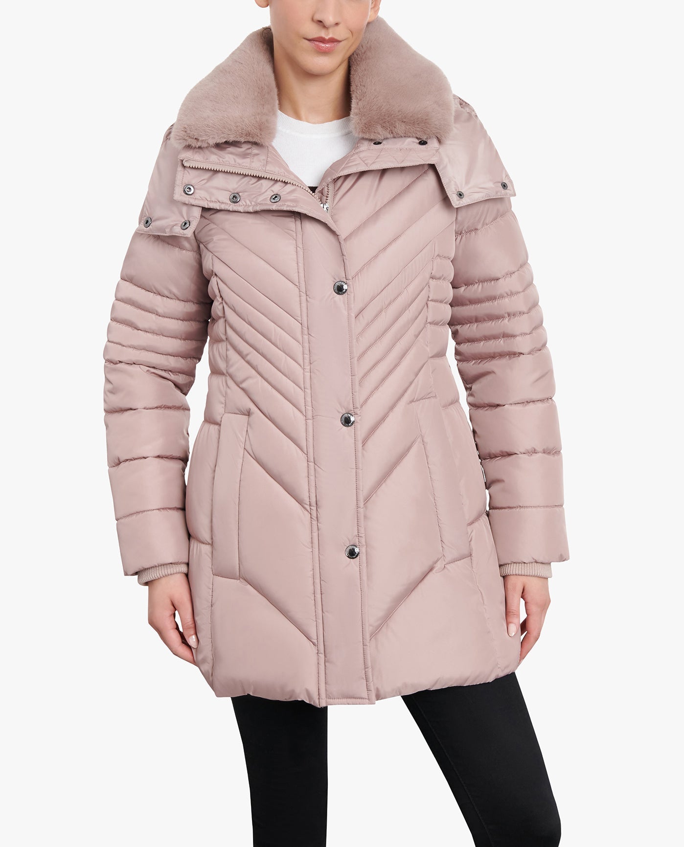 Front View of London Fog Zip-Front Hooded Puffer Jacket With Button-Off Fur Collar | LF ROSEWOOD
