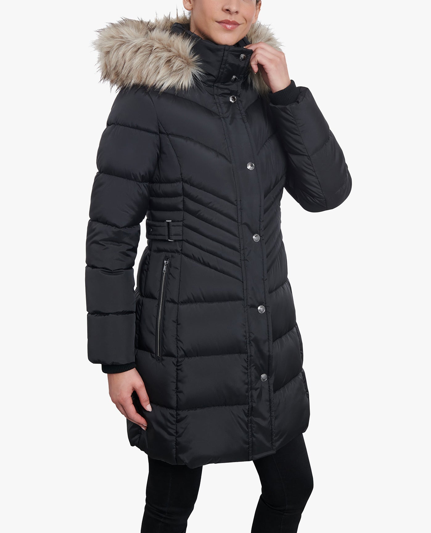 Front View of London Fog Zip-Front Long Length Puffer Jacket With Zip-Off Fur Trim Hood | LF BLACK
