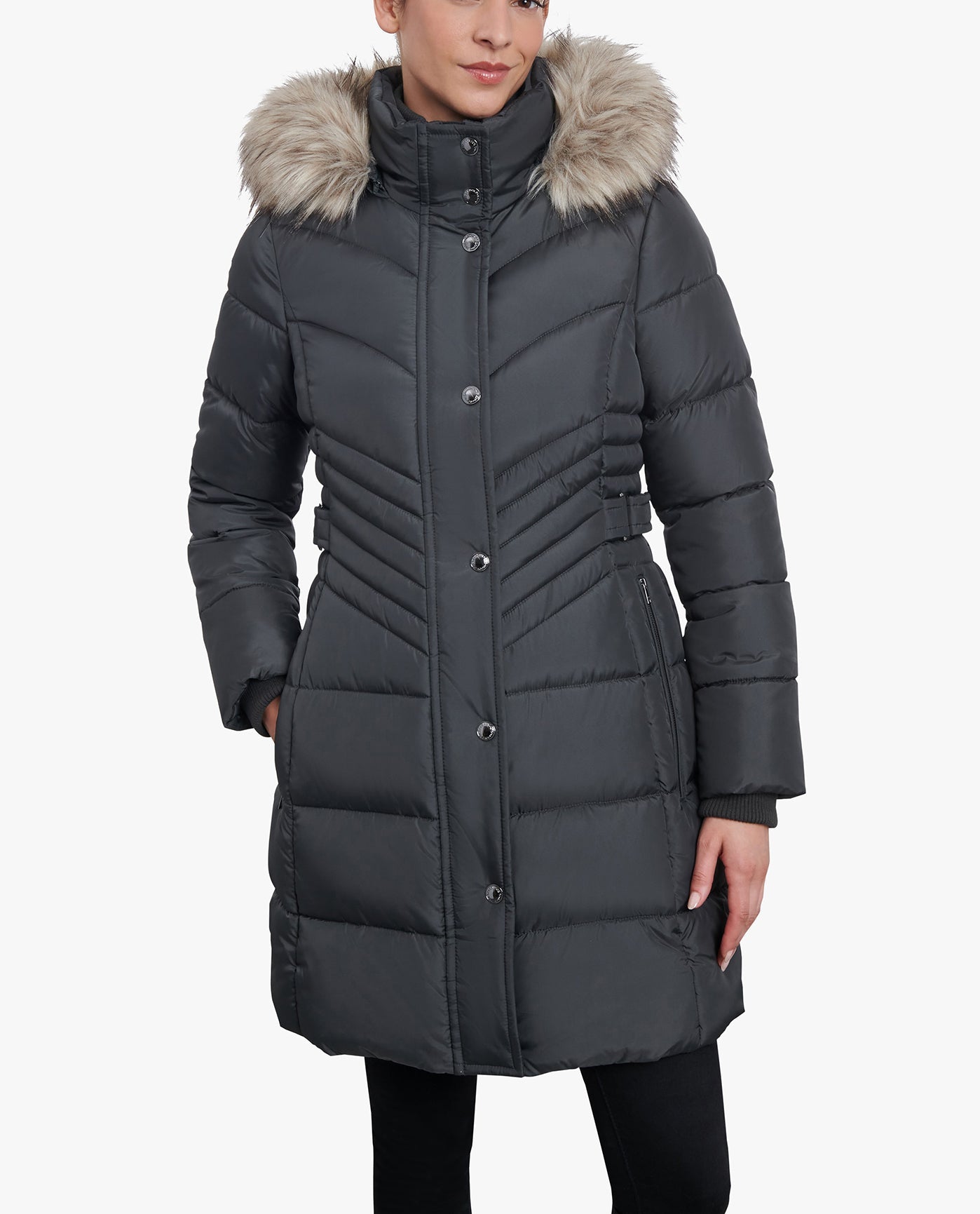 Front View of London Fog Zip-Front Long Length Puffer Jacket With Zip-Off Fur Trim Hood | LF GUNMETAL