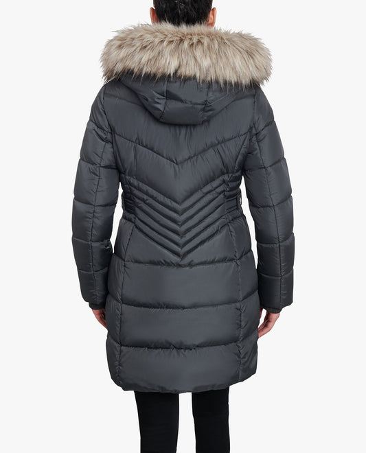 Back View of London Fog Zip-Front Long Length Puffer Jacket With Zip-Off Fur Trim Hood | LF GUNMETAL