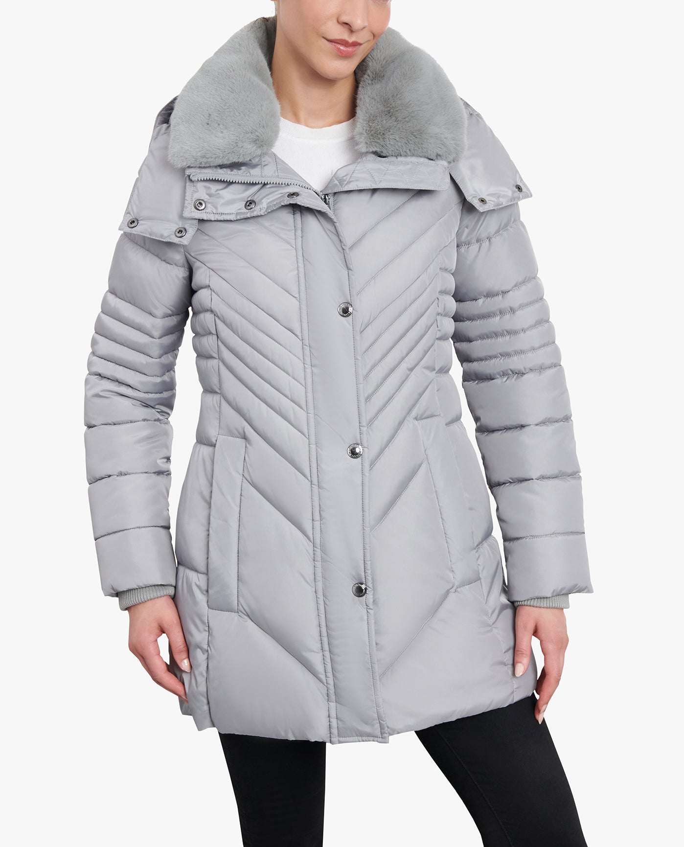 Front View of London Fog Petite Zip-Front Hooded Puffer Jacket With Button-Off Fur Collar | LF PEARL GREY
