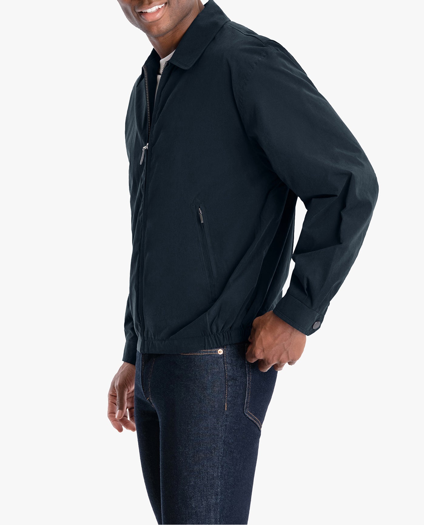 Side View of London Fog Auburn Light Weight Zip Front Golf Jacket | LF NAVY