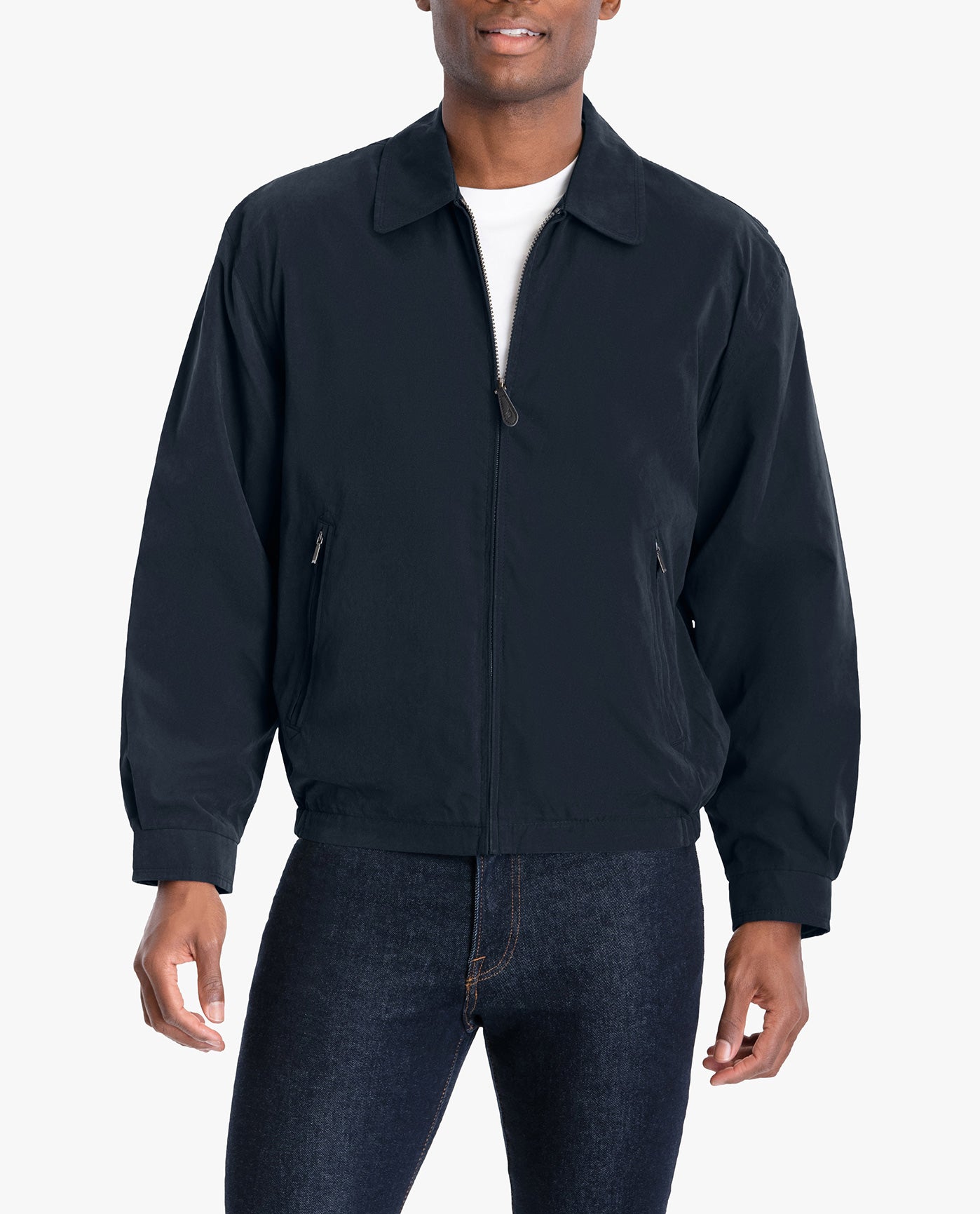 Front View of London Fog Auburn Light Weight Zip Front Golf Jacket | LF NAVY