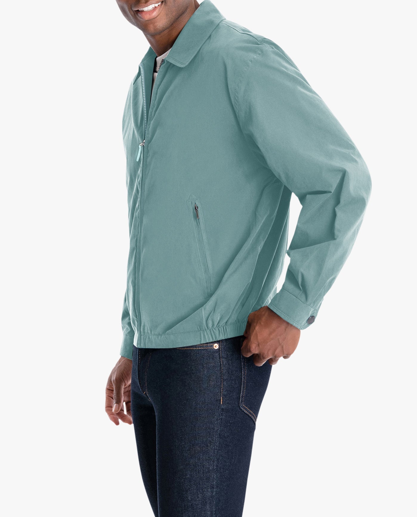 Side View of London Fog Auburn Light Weight Zip Front Golf Jacket | LF LIGHT BLUE