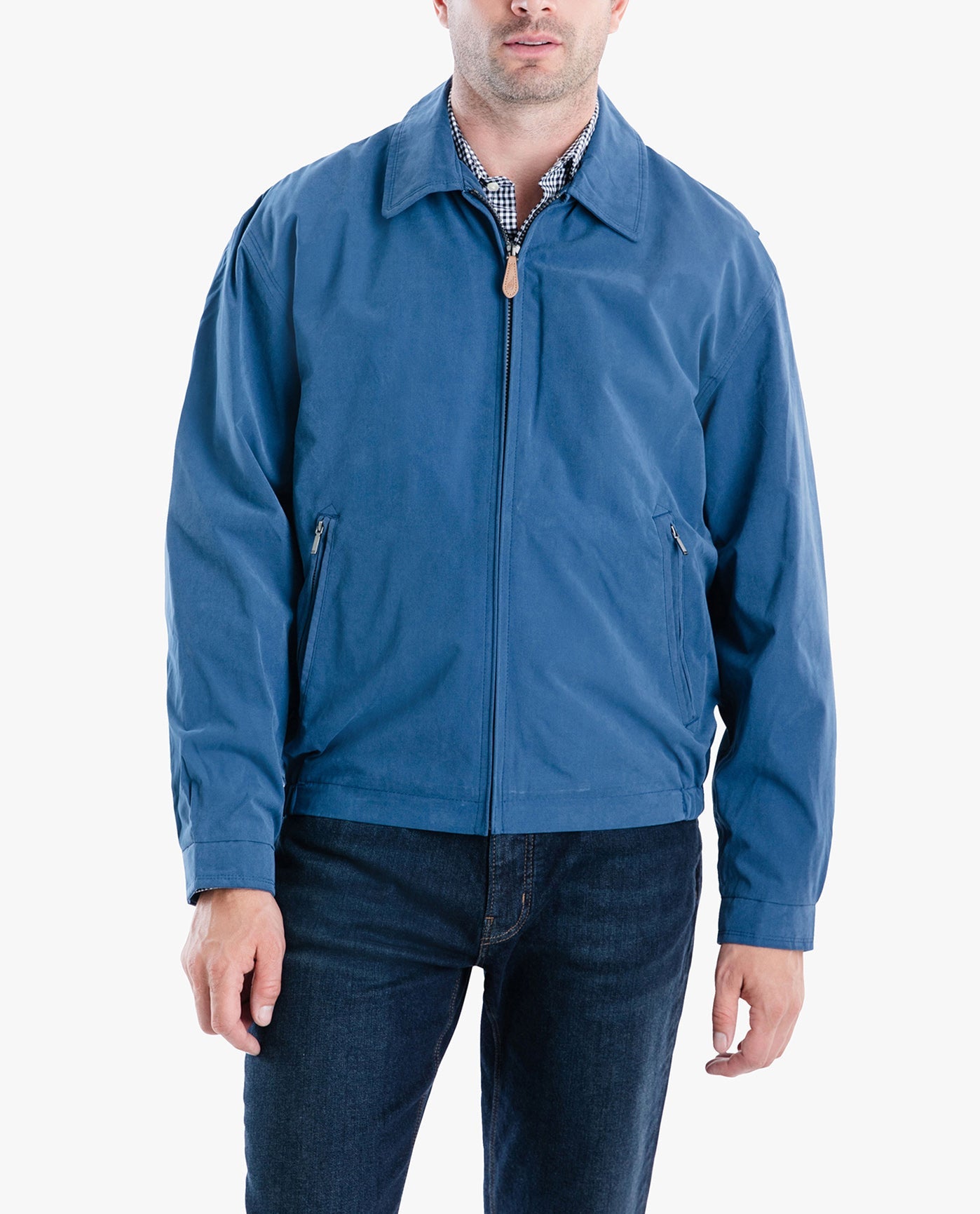 Front View of London Fog Auburn Light Weight Zip Front Golf Jacket | LF PACIFIC BLUE
