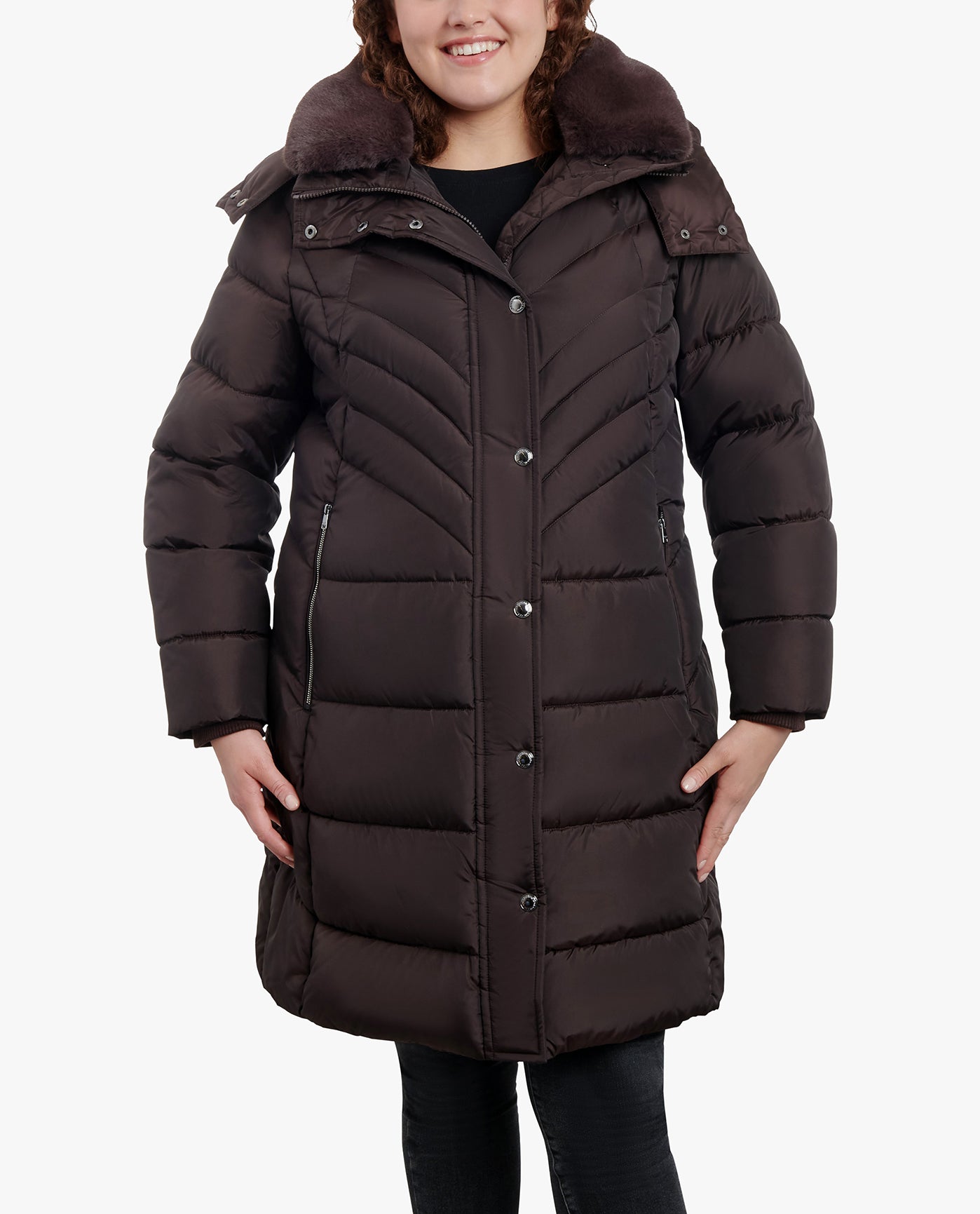 Front View of London Fog Plus Size Zip-Front Hooded Heavy Weight Puffer Jacket With Button-Off Fur Collar | LF ESPRESSO
