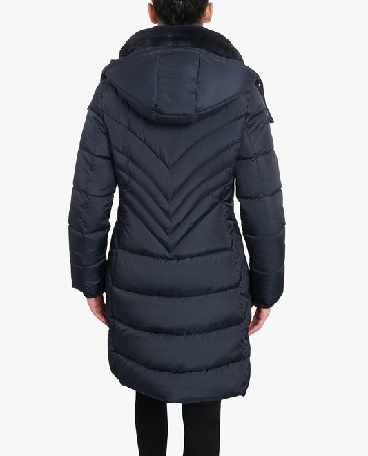 Back View of London Fog Plus Size Zip-Front Hooded Heavy Weight Puffer Jacket With Button-Off Fur Collar | LF NAVY
