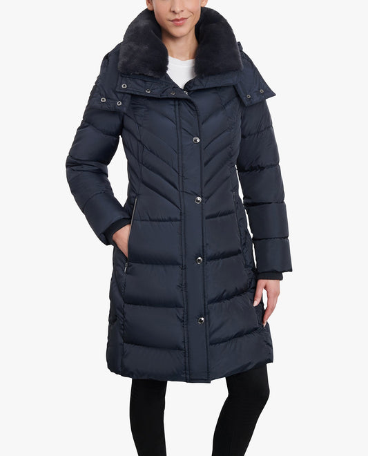 Front View of London Fog Plus Size Zip-Front Hooded Heavy Weight Puffer Jacket With Button-Off Fur Collar | LF NAVY
