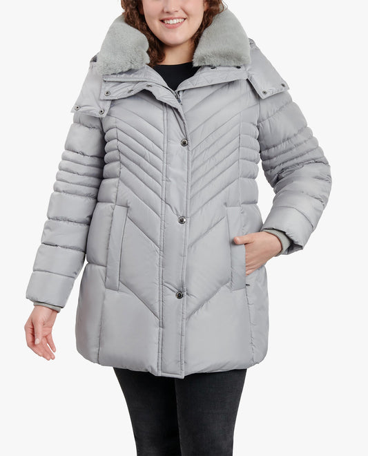 Front View of London Fog Plus Size Zip-Front Hooded Puffer Jacket With Button-Off Fur Collar | LF PEARL GREY
