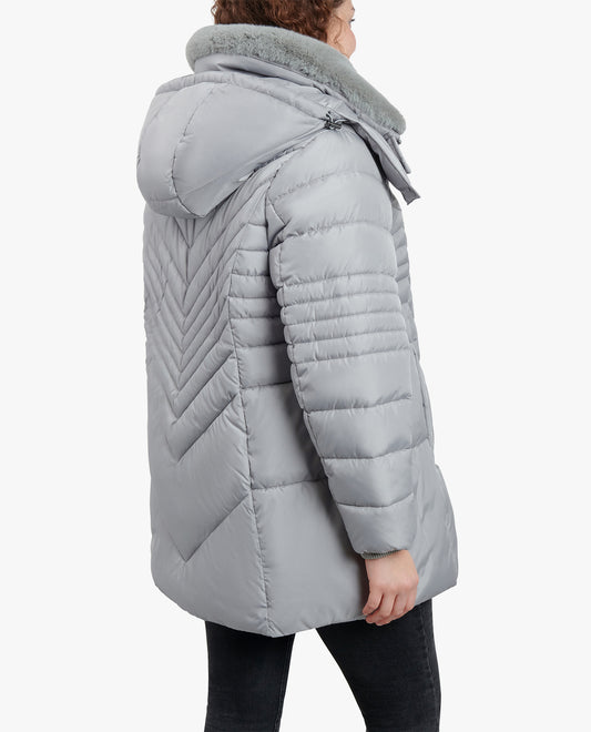 Back View of London Fog Plus Size Zip-Front Hooded Puffer Jacket With Button-Off Fur Collar | LF PEARL GREY