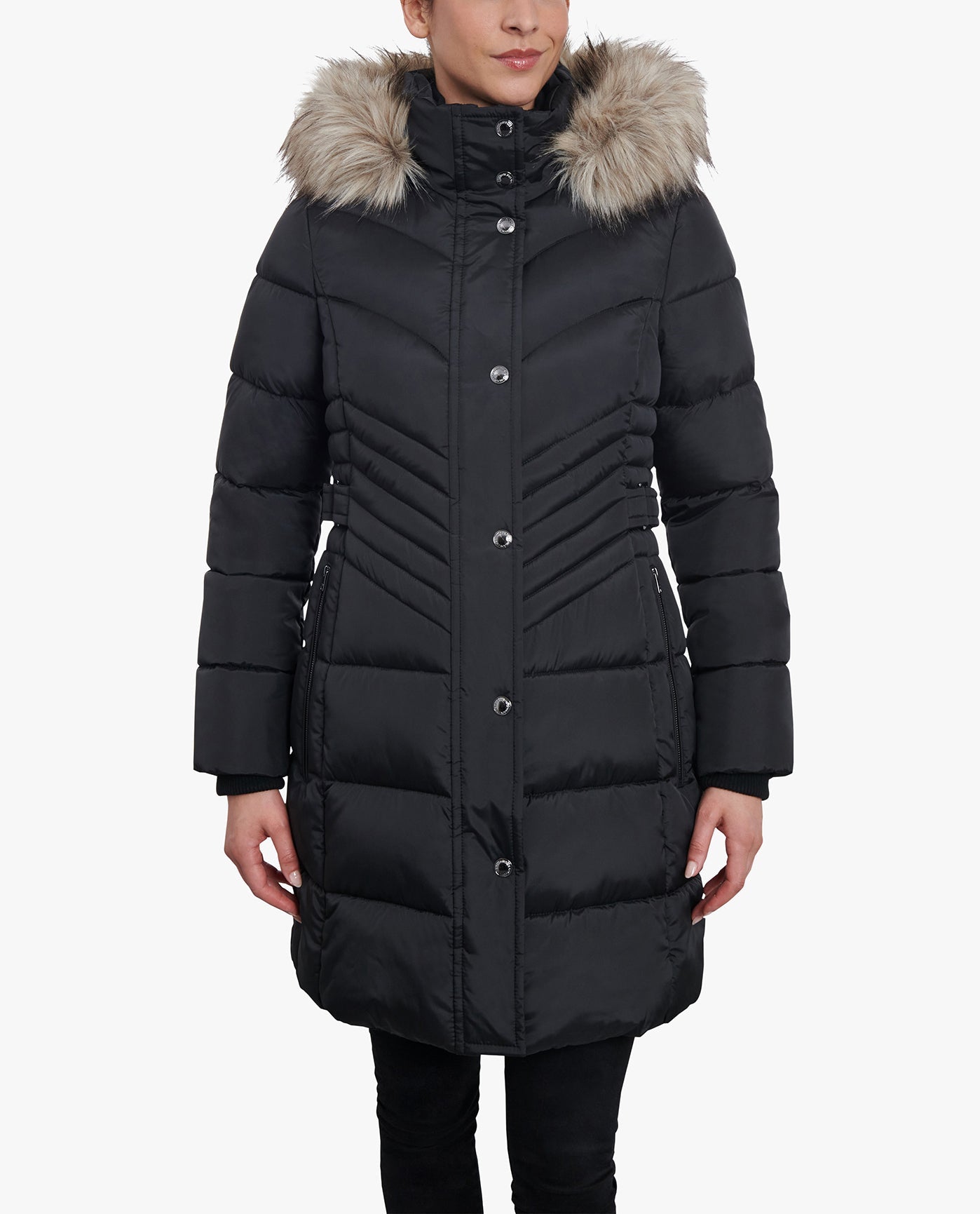 Front View of London Fog Plus Size Zip-Front Long Length Puffer Jacket With Zip-Off Fur Trim Hood | LF BLACK
