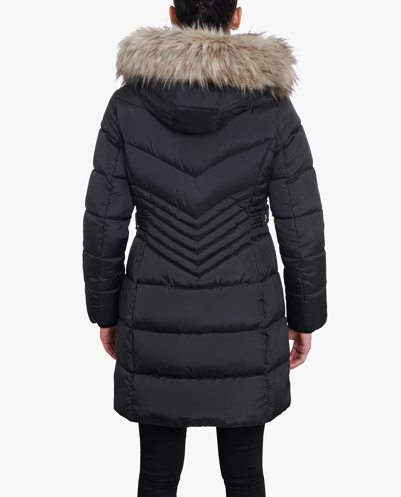 Back View of London Fog Plus Size Zip-Front Long Length Puffer Jacket With Zip-Off Fur Trim Hood | LF BLACK

